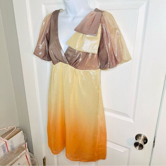 Voom by Joy Han Brown Orange Bow Shimmery Ombre Metallic Silk Cocktail Dress S - Picture 6 of 11